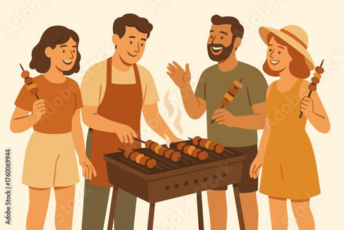 Friends cooking barbecue together retro flat vector illustration 4 people with grill and skewers muted warm palette festive relaxed mood.