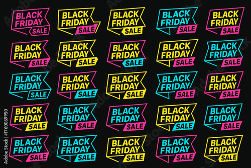 black friday neon flat ribbons 40 sharp angled banners neon pink cyan palette SALE tag style vector flat design.