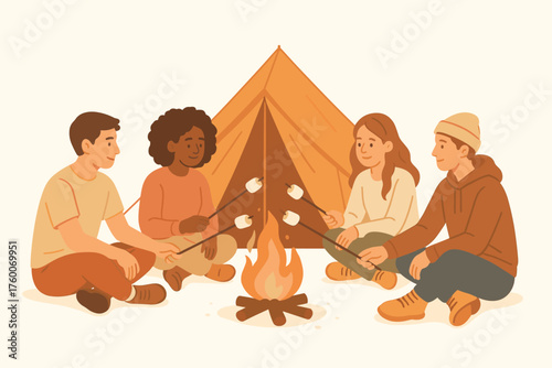 Friends camping with tent detailed flat vector illustration 4 people roasting marshmallows pastel warm palette cozy relaxed mood.