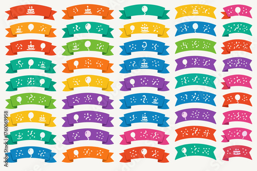 birthday party flat ribbons 50 colorful playful banners curved ribbons with cake balloon and confetti icons cheerful vector style.