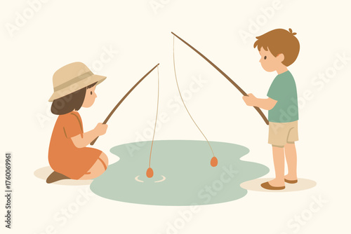 Children fishing at pond retro flat vector illustration 2 kids with rods muted pastel palette calm relaxed mood.