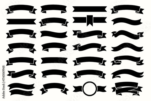 new year black flat ribbons 25 solid black celebratory banners bold clean vector icons minimal festive look.
