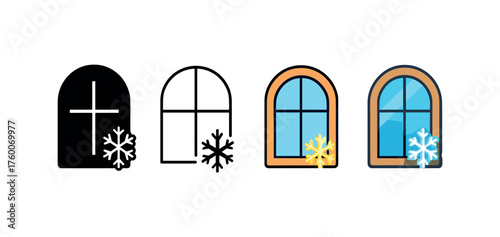Vector icon window with frost winter same pose same proportions four styles black solid glyph outline minimal flat multicolor filled cartoon flat shaded.