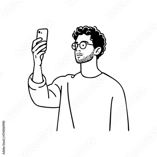 Man taking a selfie with smartphone, representing modern communication and social media connection.