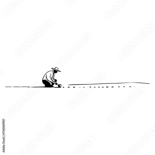 Farmer planting seeds in an open field, depicting agriculture, sustainability, and connection to nature.