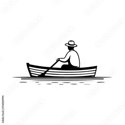 Man rowing a small wooden boat across calm water, representing solitude, travel, and peaceful lifestyle.