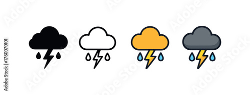 Vector icon dark storm cloud autumn same pose same proportions four styles black solid glyph outline minimal flat multicolor filled cartoon flat shaded.