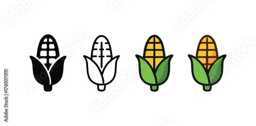 Vector icon roasted corn thanksgiving same pose same proportions four styles black solid glyph outline minimal flat multicolor filled cartoon flat shaded.