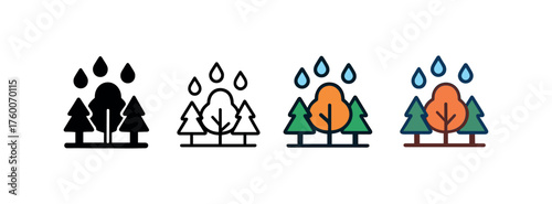 Vector icon forest rainy day autumn same pose same proportions four styles black solid glyph outline minimal flat multicolor filled cartoon flat shaded.