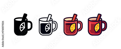 Vector icon mulled wine mug winter same pose same proportions four styles black solid glyph outline minimal flat multicolor filled cartoon flat shaded.