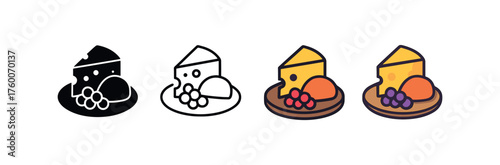 Vector icon cheese platter thanksgiving same pose same proportions four styles black solid glyph outline minimal flat multicolor filled cartoon flat shaded.