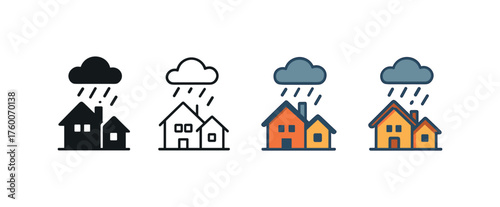 Vector icon village houses in rain autumn same pose same proportions four styles black solid glyph outline minimal flat multicolor filled cartoon flat shaded.