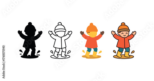 Vector icon children splashing puddles autumn same pose same proportions four styles black solid glyph outline minimal flat multicolor filled cartoon flat shaded.
