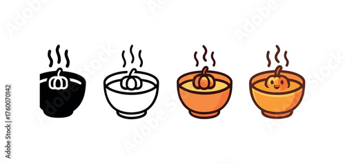 Vector icon pumpkin soup bowl thanksgiving same pose same proportions four styles black solid glyph outline minimal flat multicolor filled cartoon flat shaded.