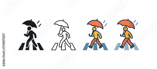 Vector icon pedestrian crossing rain autumn same pose same proportions four styles black solid glyph outline minimal flat multicolor filled cartoon flat shaded.