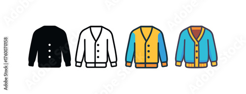 Vector icon knitted cardigan winter same pose same proportions four styles black solid glyph outline minimal flat multicolor filled cartoon flat shaded.