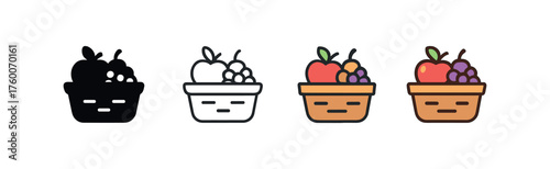 Vector icon harvest basket fruits thanksgiving same pose same proportions four styles black solid glyph outline minimal flat multicolor filled cartoon flat shaded.