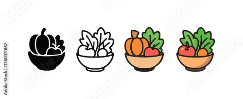 Vector icon harvest salad thanksgiving same pose same proportions four styles black solid glyph outline minimal flat multicolor filled cartoon flat shaded.