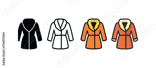 Vector icon fur coat winter same pose same proportions four styles black solid glyph outline minimal flat multicolor filled cartoon flat shaded.