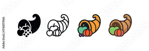 Vector icon cornucopia horn of plenty thanksgiving same pose same proportions four styles black solid glyph outline minimal flat multicolor filled cartoon flat shaded.