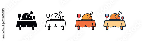 Vector icon table set thanksgiving dinner same pose same proportions four styles black solid glyph outline minimal flat multicolor filled cartoon flat shaded.