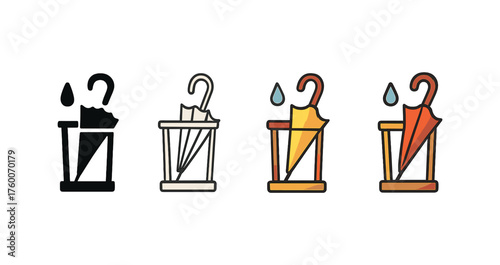 Vector icon umbrella stand autumn rain same pose same proportions four styles black solid glyph outline minimal flat multicolor filled cartoon flat shaded.