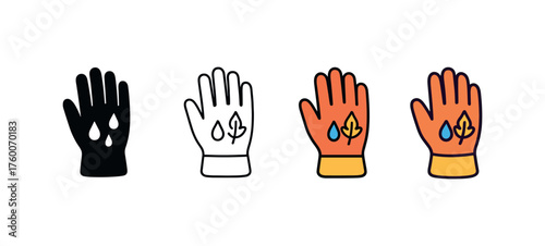 Vector icon wet gloves autumn same pose same proportions four styles black solid glyph outline minimal flat multicolor filled cartoon flat shaded.