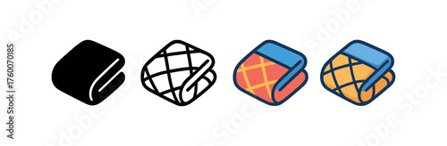 Vector icon quilted blanket winter same pose same proportions four styles black solid glyph outline minimal flat multicolor filled cartoon flat shaded.