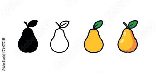Vector icon pear harvest thanksgiving same pose same proportions four styles black solid glyph outline minimal flat multicolor filled cartoon flat shaded.