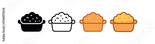Vector icon stuffing casserole thanksgiving same pose same proportions four styles black solid glyph outline minimal flat multicolor filled cartoon flat shaded.