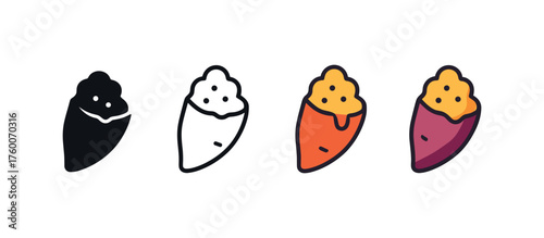 Vector icon glazed sweet potato thanksgiving same pose same proportions four styles black solid glyph outline minimal flat multicolor filled cartoon flat shaded.