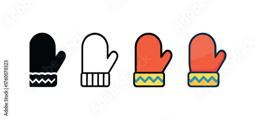 Vector icon mittens knitted winter same pose same proportions four styles black solid glyph outline minimal flat multicolor filled cartoon flat shaded.