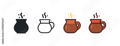 Vector icon hot chocolate pot winter same pose same proportions four styles black solid glyph outline minimal flat multicolor filled cartoon flat shaded.