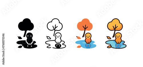 Vector icon street puddle reflections autumn same pose same proportions four styles black solid glyph outline minimal flat multicolor filled cartoon flat shaded.
