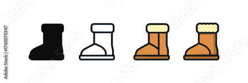 Vector icon sheepskin boots winter same pose same proportions four styles black solid glyph outline minimal flat multicolor filled cartoon flat shaded.