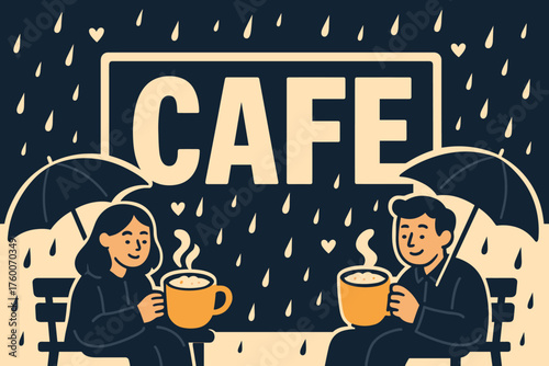 Evening drizzle café banner flat vector illustration bold oversized text inside rectangular frame cartoon characters sipping cappuccino on benches under umbrellas leaning on the banner.