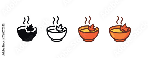 Vector icon autumn soup bowl thanksgiving same pose same proportions four styles black solid glyph outline minimal flat multicolor filled cartoon flat shaded.