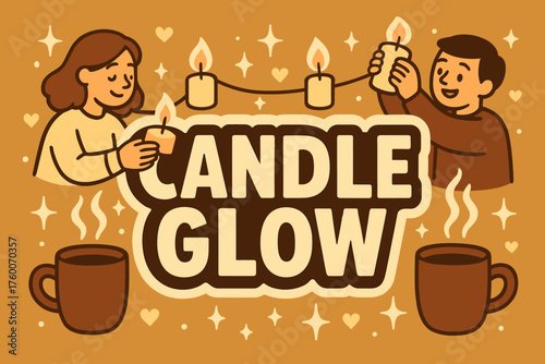 Candle glow banner flat vector illustration bold oversized text inside outline cartoon characters placing candles around banner like lights cocoa mugs steaming golden beige and chestnut.