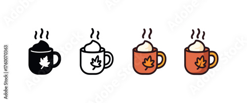 Vector icon hot chocolate mug thanksgiving same pose same proportions four styles black solid glyph outline minimal flat multicolor filled cartoon flat shaded.