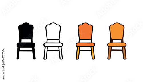 Vector icon dining chair thanksgiving same pose same proportions four styles black solid glyph outline minimal flat multicolor filled cartoon flat shaded.