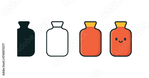 Vector icon hot water bottle winter same pose same proportions four styles black solid glyph outline minimal flat multicolor filled cartoon flat shaded.