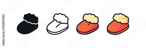 Vector icon warm slippers winter same pose same proportions four styles black solid glyph outline minimal flat multicolor filled cartoon flat shaded.
