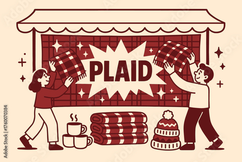 Plaid market stall banner flat vector illustration bold oversized text inside splash explosion cartoon characters arranging wool blankets on banner mugs and knitted hats stacked nearby.