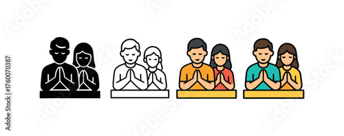 Vector icon family praying table thanksgiving same pose same proportions four styles black solid glyph outline minimal flat multicolor filled cartoon flat shaded.
