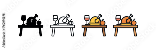 Vector icon thanksgiving party table same pose same proportions four styles black solid glyph outline minimal flat multicolor filled cartoon flat shaded.