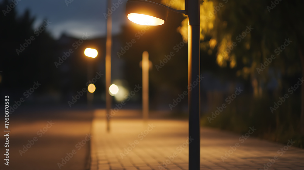 Naklejka premium Night scene with illuminated street lights casting a warm glow on the sidewalk. Serene atmosphere evokes safety and solitude in an urban setting. Peaceful backdrop.