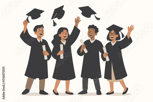 Students celebrating graduation modern flat vector illustration 4 teenagers with diplomas and caps neutral corporate palette festive mood.