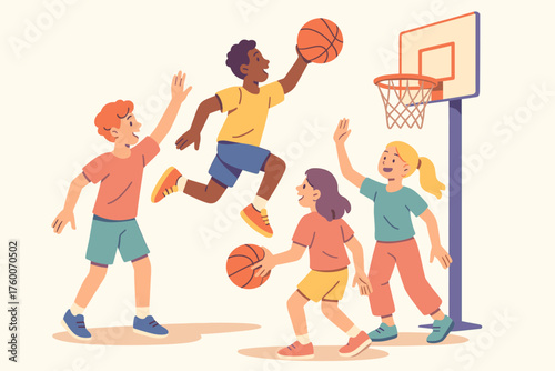 Friends playing basketball outdoors cartoon flat vector illustration 4 teenagers with ball and hoop pastel multicolor palette energetic mood.