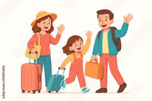 Family preparing spring trip cartoon flat vector illustration 3 people with luggage bright pastel palette excited mood.