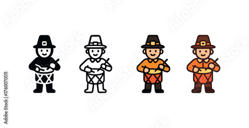 Vector icon drum player thanksgiving same pose same proportions four styles black solid glyph outline minimal flat multicolor filled cartoon flat shaded.